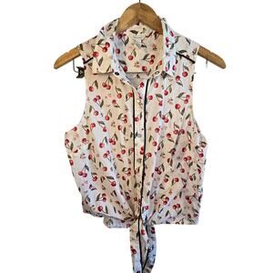 Size L – 100% Cotton Pearl Snap Cherry Print Tie-Front Shirt
